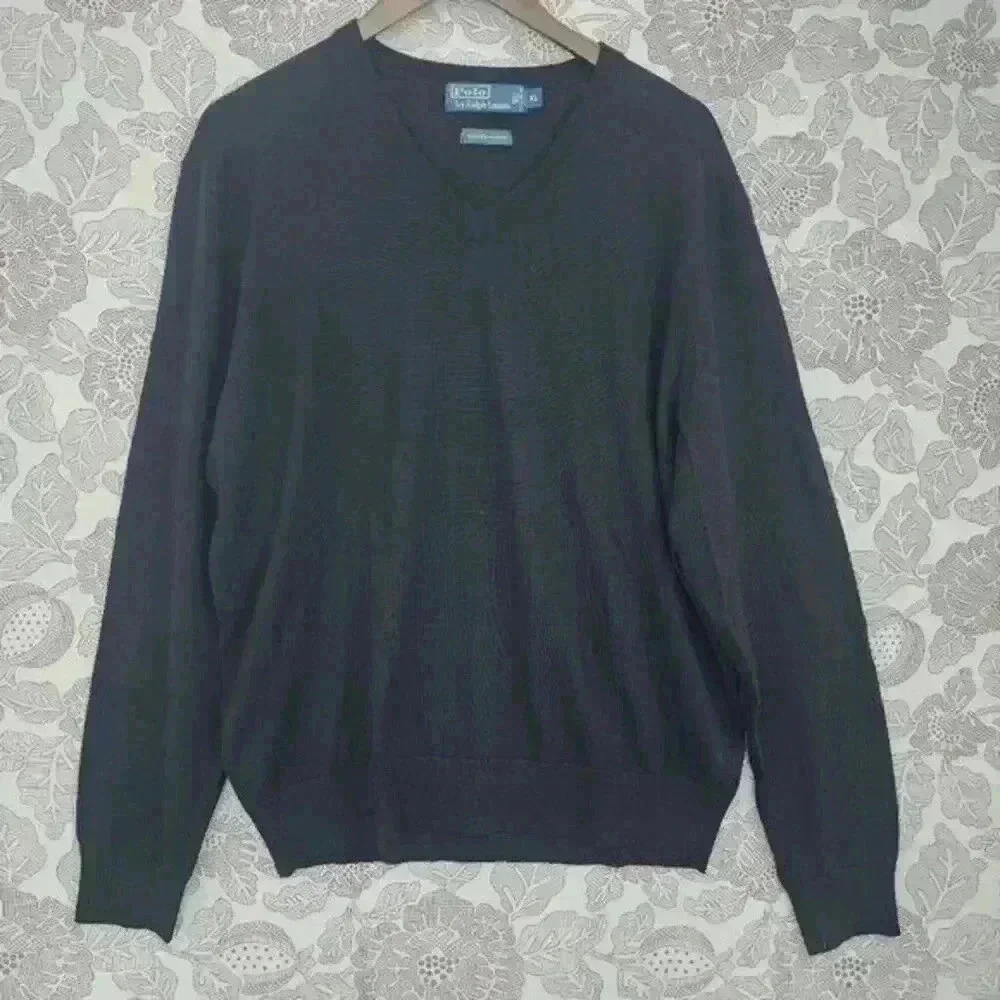 Vintage Polo By Ralph Lauren 100% Merino Wool Men's Sweater Xl V Neck Black